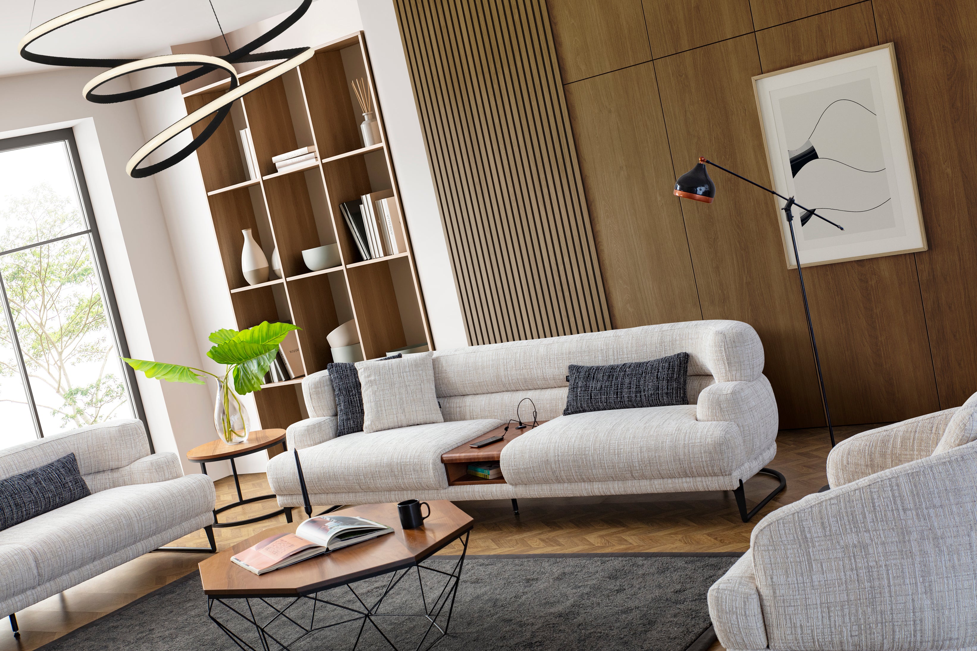 Radius Modern Koltuk Takımı - Açık Krem Keten Kumaş - Tarzdeco