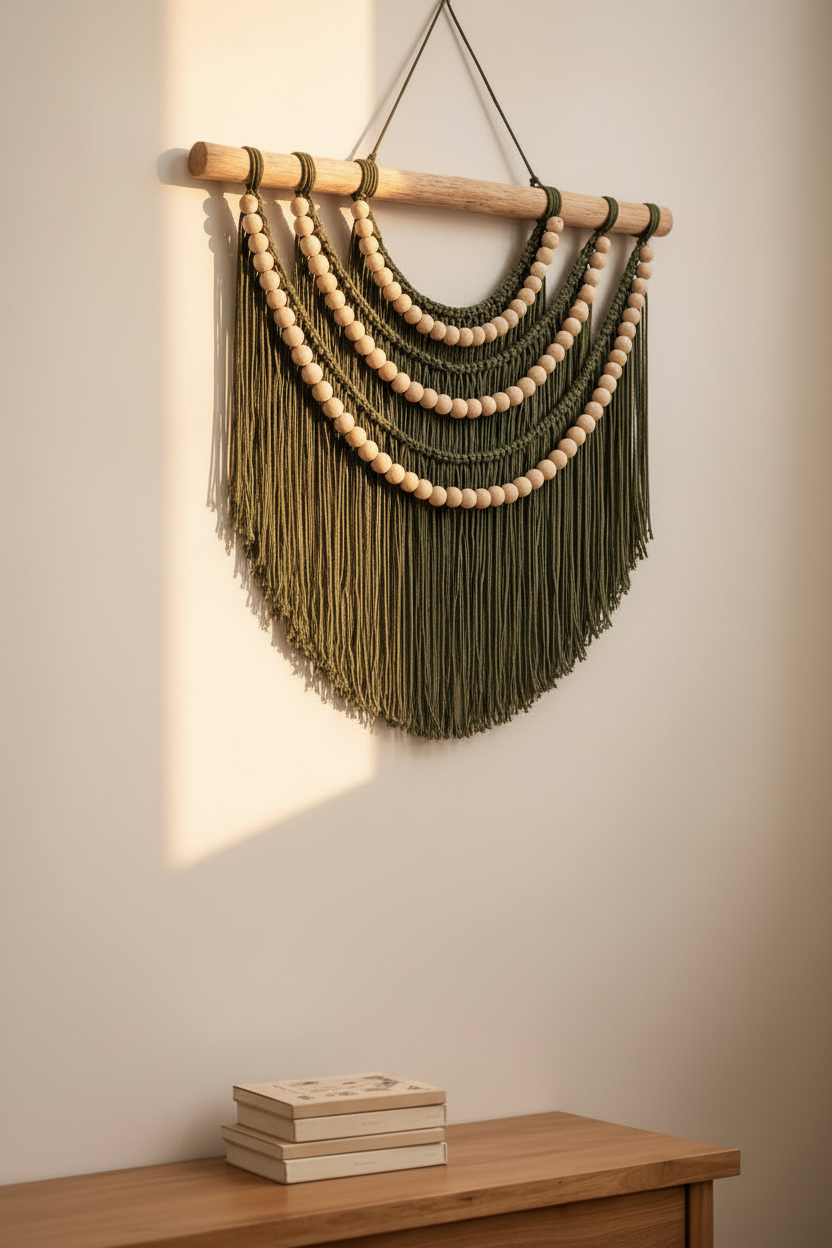 Olive Boncuklu Makrome Duvar Dekoru – Haki Yeşil ve Doğal Ahşap Boncuklu Duvar Sanatı